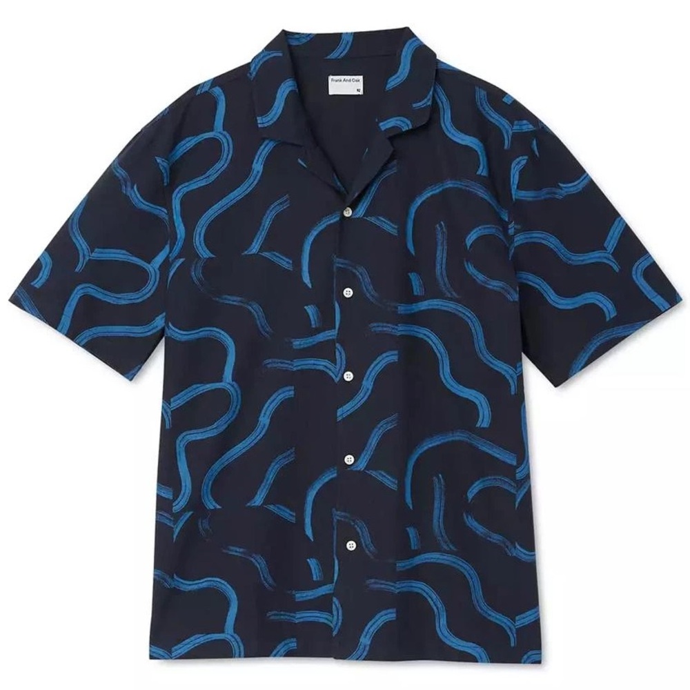 Frank And Oak NWT The Abstract Camp Collar Shirt SIZE MEDIUM  Blue MSRP $89